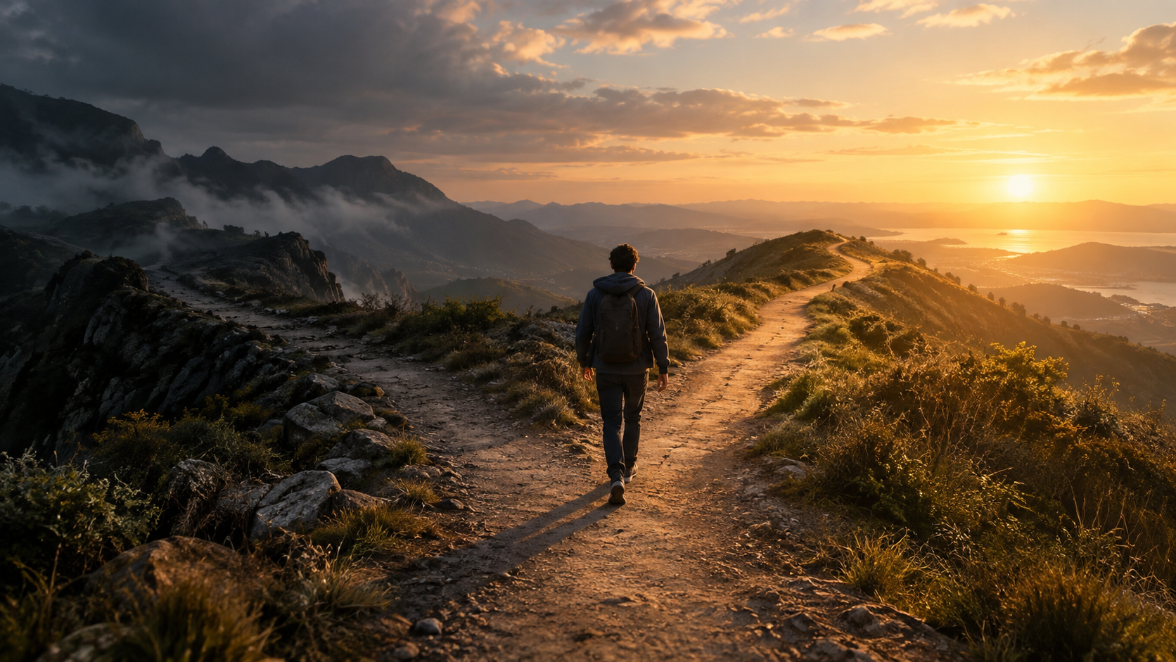 Caminante en un sendero de montaña al atardecer, con el camino iluminado adelante y las montañas en sombra atrás
