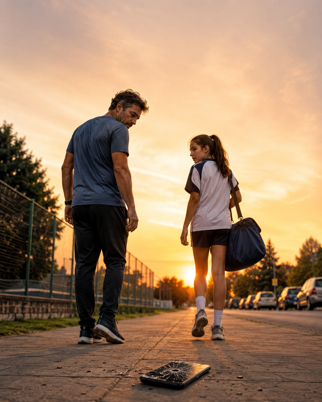 Padre e hija caminando después del partido con un celular roto en el suelo al atardecer