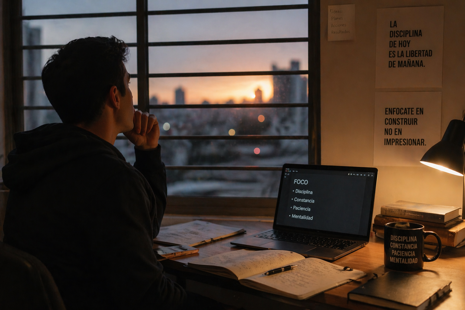 Persona trabajando en silencio al amanecer con notas sobre foco, disciplina y constancia